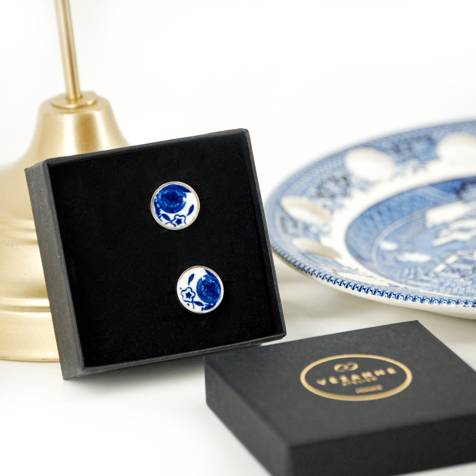 Boutons de manchette "Petite fleur et cercle bleu", finition argent