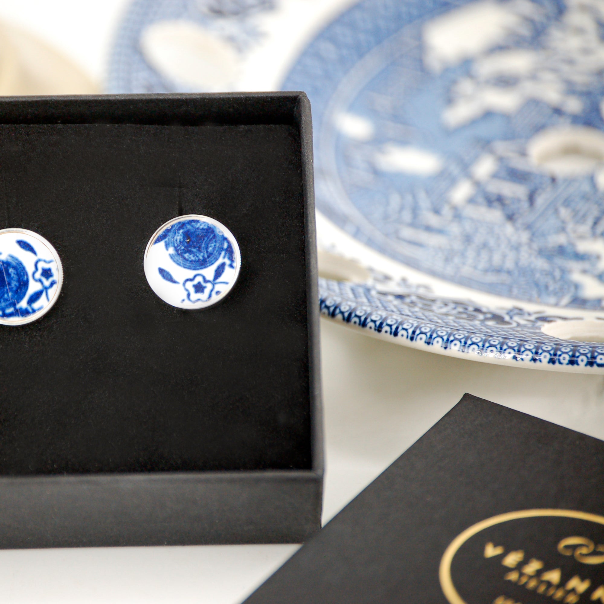 Boutons de manchette "Petite fleur et cercle bleu", finition argent