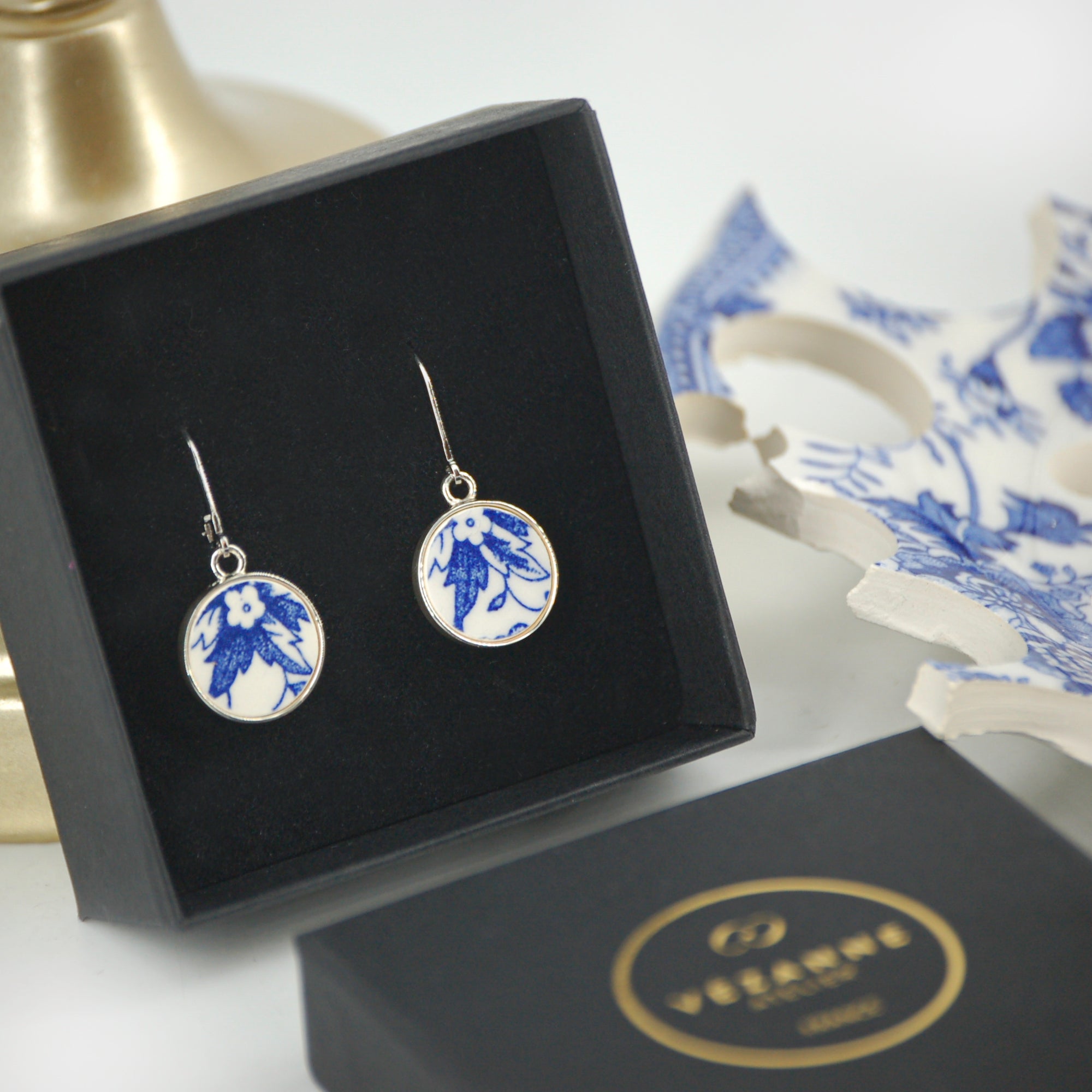 Boucles d'oreilles "Feuilles et fleurs bleues", finition argent