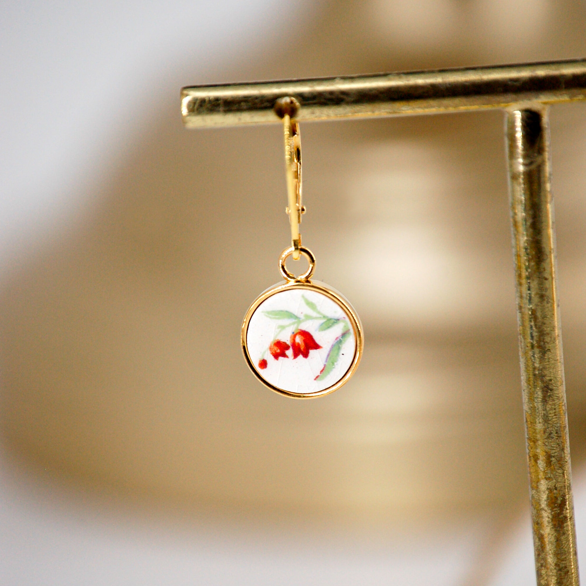 Boucles d'oreilles "Clochettes rouges", finition or