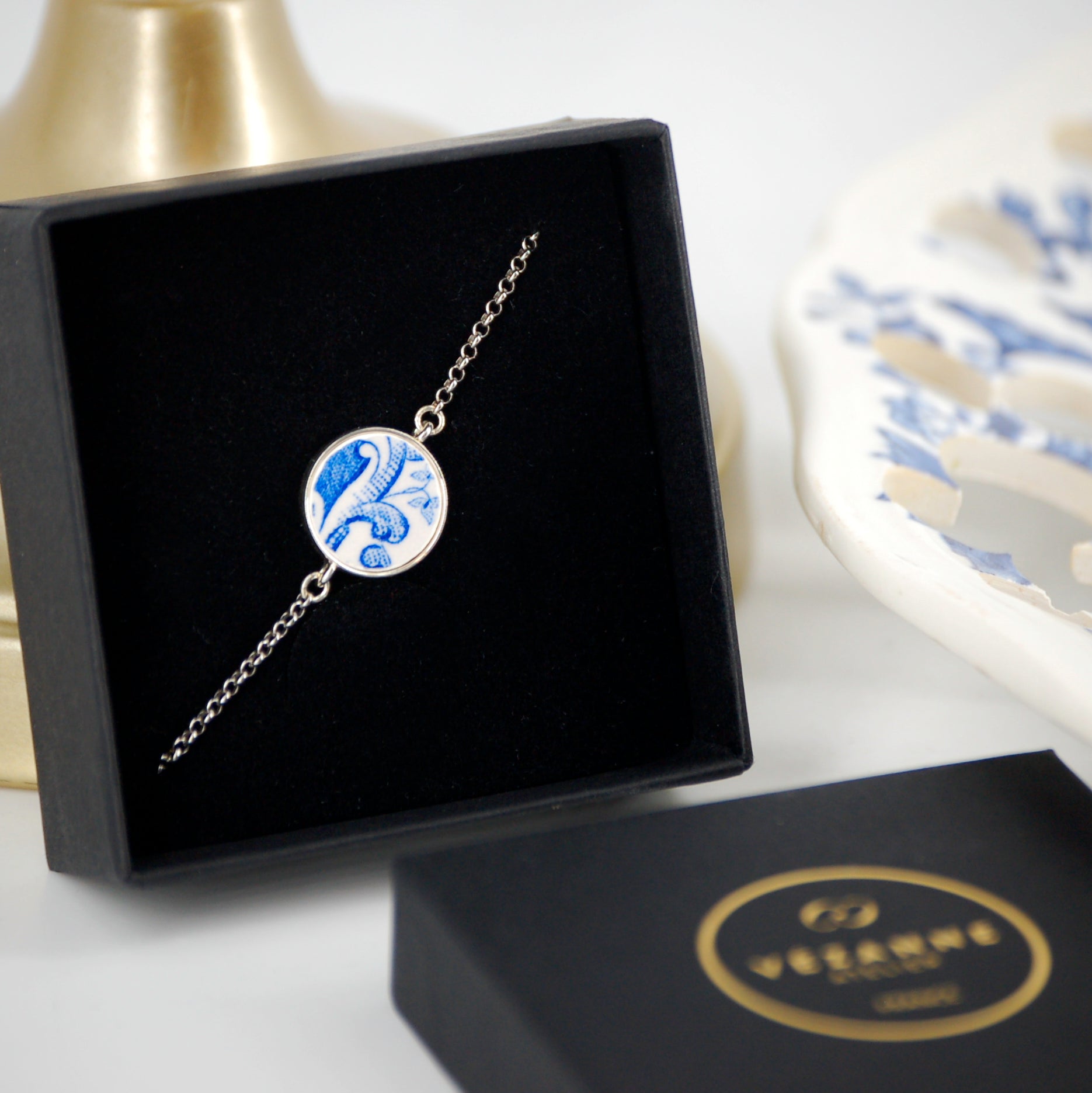 Bracelet ajustable "Feuille d'acanthe bleue", finition argent